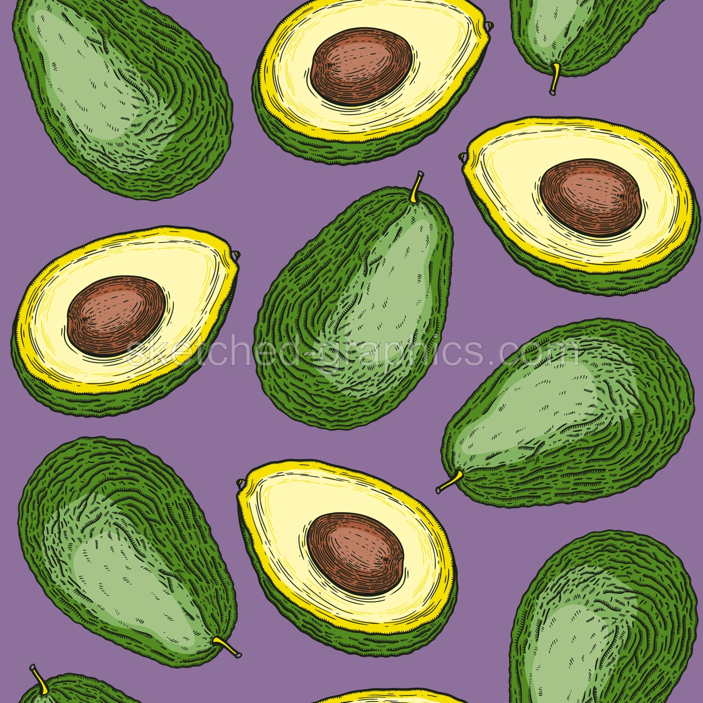 Green avocado fruits background design. Seamless healthy vegan food pattern. Colored flat vector illustration for textile, packaging, print. Whole avocado fruit, cut half piece with core backdrop. Illustration